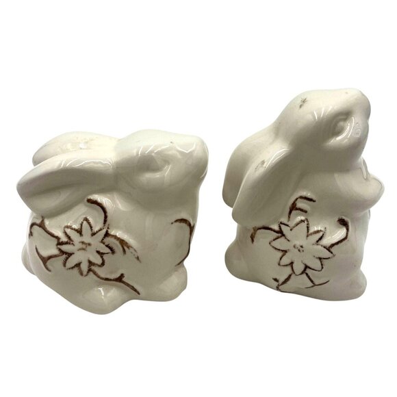 Ceramic Bunny Figurines Set Of 2 Floral Design For Home Decor - Picture 2 of 5